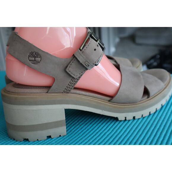 Timberland Platform Sandal 9.5 Taupe Leather Nubuck Open Toe Lug Sole Block Heel - Picture 9 of 9